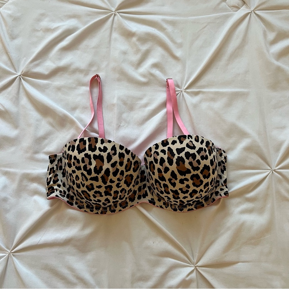 Brown leopard print push up bra with pink detachable straps